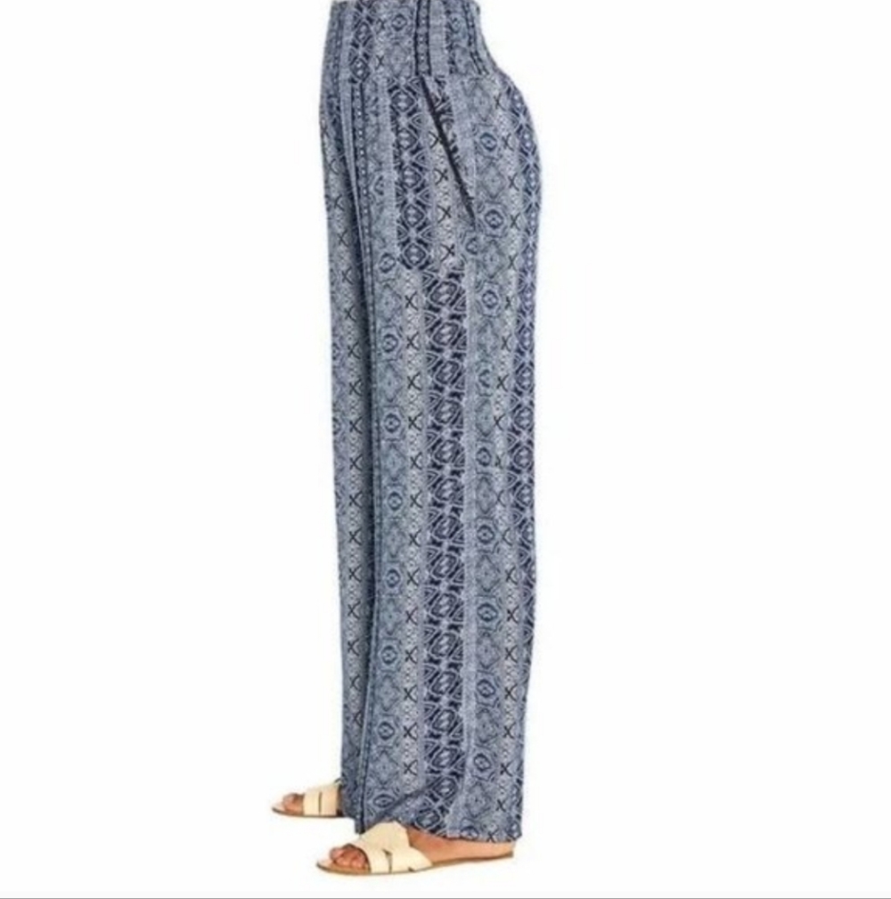 Three Dots Wide Leg Pant Blue White Print Pull On Sz Medium Pockets Lightweight - Picture 4 of 15
